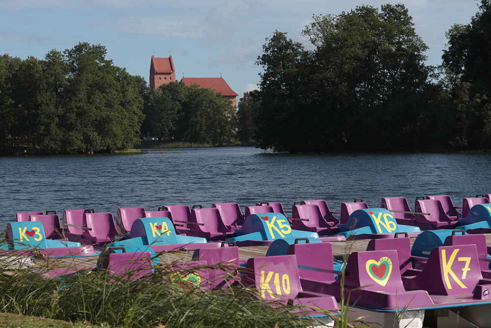 Violette Tretboote am Seeufer, im Hintergrund halb hinter Bäumen versteckt die Trakaiburg
