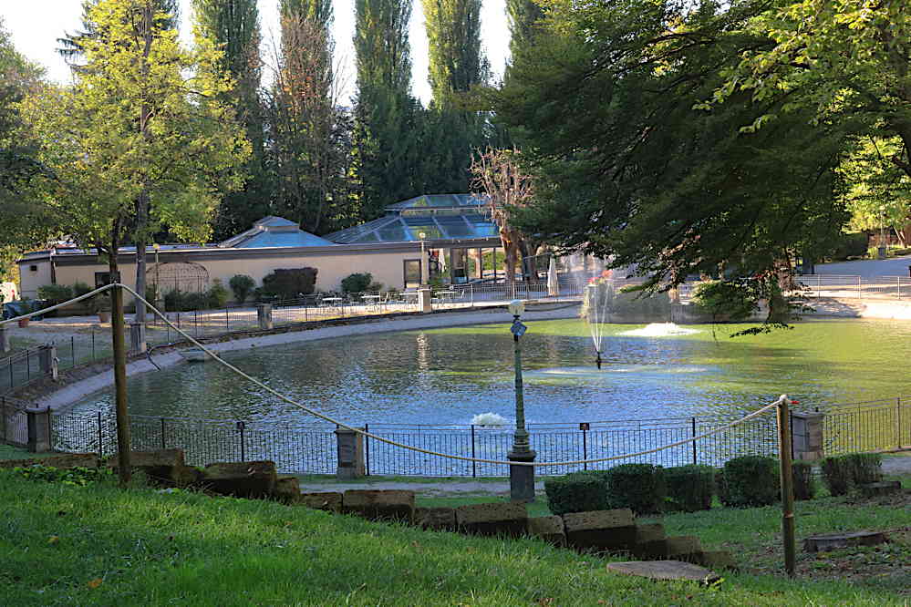 Teich mit Fontäne umringt von altem Baumbestand